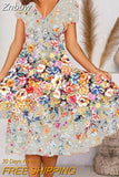 Znbbw Dresses Woman 2023 V-Neck Floral Printed Boho Dresses Summer Short Sleeve Loose Retro A-Line Plus Size Female Dress Robe