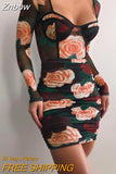 Znbbw Women Autumn Winter Long Sleeve Square Collar Rose Printed Bodycon Package Hip Mini Dress 2023 Fall Clothes Streetwear