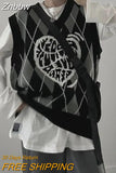 Znbbw Gothic Streetwear Black Plaid Knit Vest Women Harajuku Oversized Sweater Sleeveless V-neck Loose Graphic Tops Punk Y2K