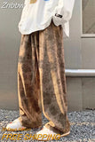 Znbbw Mens Corduroy Pants Loose Casual Wide Leg Sweatpants for Women Vintage Distressed Printed Straight  Trousers Fashion Streetwear