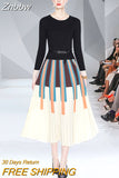 Znbbw Winter Elegant Striped Print Knitted Stitching Pleated Dress Women Long Sleeve Thick Pullover Sweater Office Midi Vestido