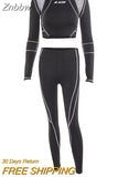 Znbbw Letter Print Turtleneck Top + Leggings Striped Patchwork Fashion Casual Women Fitness Sport Two Pieces Set Tracksuits