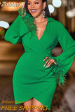 Znbbw Long Sleeve Feather Tassels Dress Women V-neck Irregular Slim Mini Dresses 2023 Fashion Elegant Office Lady Clothes