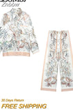 Znbbw TRAF Women Pants Sets 2023 New Fashion Printed Shirts Set Woman 2 Pieces Women's Suit Casual Loose Womens Outfits