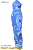 Znbbw Women Halter Printed Bodycon Beach Blue Pencil Long Dress 2023 Summer Clothes Wholesale Items For Business Dropshipping
