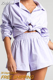 Znbbw Women's Suit Shirt With Mini Shorts 2023 Summer Casual Loose Long Sleeve Shirt Blouses Two Piece Sets Tracksuits Outifits