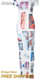 Znbbw Women Fashion Summer Short Sleeve Printed Bodycon Pencil Split Long Dress 2023 Female Clothing Streetwear