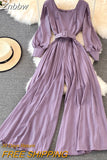 Znbbw Women 2023 spring French Elegant Waist Thin High Waist Square Collar Wide Leg Pleated Fashion Wide Leg Jumpsuit female D0716