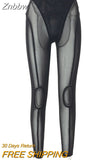 Znbbw Women See-through Mesh Trousers Sexy High-Waisted Push Up Leggings Streetwear Punk Grunge Skinny Pencil Pants