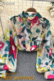 Znbbw Autumn Temperament Fashion Retro Chiffon Floral Blouses Print Loose Lapel Puff Sleeve Top Button Up Shirt Female GD611