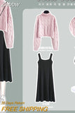 Znbbw Women's Autumn Winter Pink Sweater Korean Lady Casual Knit Pullover Black Dress Two Piece Set 2023 New Elegant Outfits
