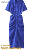 Znbbw ZBZA Women 2023 Shirt Dress Women Waist Cut-out Midi Dress Fashion Design Sexy Elegant Femme Vestidos 202307