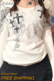 Znbbw y2k Crop Tops Ribbed Knitted Grunge Fairycore T Shirt White Frill Long Sleeve Pullover Kawaii Autumn Sweet Tee Women