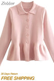 Znbbw Women 2023 Short Skirt Hem Flip Design Slim Knitted Cardigan Female Outerwear Chic Tops