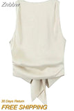 Znbbw TRAF Women Fashion With Tied Satin Back Open Crop Blouses Vintage O Neck Sleeveless Female Shirts Blusas Chic Tops