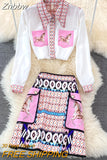 Znbbw Fashion Runway Skirt Suit Women's Short Sleeve Horse Geometry Print Blouse + A Line Pocket Mini Skirt 2 Two Piece Set