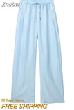 Znbbw TRAF Women Chic Side Pockets Loose Wide Leg Pants Vintage High Elastic Waist Drawstring Female Trousers Mujer