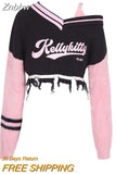 Znbbw Y2K Harajuku Pink Striped Cropped Sweater Women Fashion Embroidery Knitted Jumper Sexy V-neck Long Sleeve Pullover Tops
