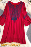 Znbbw Temperament Loose Ethnic Style Embroidered Dress Cotton Linen Holiday Vintge Dresses Women D1445