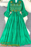 Znbbw Ethnic Style Embroidery Hollow Round Neck Trumpet Sleeve Waist A-line Dress Seaside Holiday Swing Vestidos Women D1233