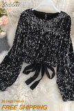 Znbbw WomenSpring Auttumn Blouse New All-match Sequins O-Neck Shirts Long-sleeved Open Back Lace-up Bow Short Tops Female Blusa GX1082