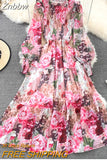 Znbbw Women's Spring Autumn Long Sleeved Chiffon Dress with Wooden Ear Edge Waist Closing Floral Holiday Big Hem Long Dress D2460