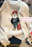 Znbbw Women Sweaters Autumn Winter Cartoon Bear O-neck Harajuku Patchwork Pullover Y2K Kawaii Long Sleeve knitted Soft Sweater Tops