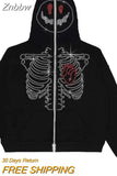 Znbbw Hoodie Rhinestone Skeleton Goth Sweatshirt Sport Coat Pullover Men's Gothic Long Sleeve Oversized Hoodie Y2k Jacket Hoodies 0410