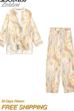 Znbbw TRAF Summer Tie Dye Print Women Casual Blouse V Neck High Low Hem V Neck Long Sleeve Satin Shirt Female Top