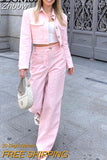 Znbbw TRAF Pink Two Piece Set Women Kawaii Sweet Party Long Pant Set Female Long Sleeve Blazer + Elegant Pant Suit 2023