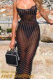 Znbbw Women Autumn Summer Polka Dot Backless Sleeveless See Through Black Long Dress Sundress 2023 Fall Clothes Streetwear