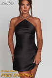 Znbbw Satin Halter Backless Mini Dress For Women Robe New Off-shoulder Sleeveless Lace-up Bodycon Club Party Sexy Dress