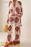 Znbbw Loose Boho Outfits Vintage Pattern Printed Two Piece Set Fashion Stand Neck Batwing Sleeve Shirt+Long Pants Women's Suits