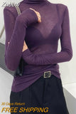 Znbbw Y2K Fashion Solid Turtleneck T Shirt Women Harajuku Sexy See Through Long Sleeve Tee Slim All-match Basic Pullover Tops