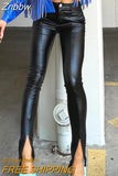 Znbbw Autumn Winter PU Leather Pencil Trousers Women's High Waist Button Slit Hem Pants Office Casual Slim Fit Bottoms