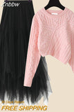 Znbbw Sweater Two Pieces Suits Long Sleeves Knit Top+ Elatic Waist Long Mesh Skirt Sets Women Suit
