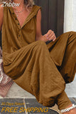 Znbbw Women Solid Hooded Jumpsuit Summer Casual V-neck Sleeveless Button Cross-pants Streetwear Female Loose Retro Romper Playsuits