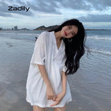 znbbw Summer Short Sleeve Button Chiffon Women Shirt Korean style Stripe Loose Ladies Blouse Beach Vacation Female Clothes Tops