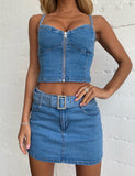 Znbbw Blue Denim Two Pieces Skirts Sets Women Jeans Streetwear Low Cut Straps Bustier Crop Tops+Mini Bodycon Skirts Club Sets