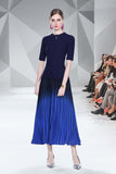 Znbbw Spring Summer Runway Knit 2 Pieces Skirt Suit Women Summer Blue Sweater Tops and Gradient Color Chiffon Pleated Skirt Set