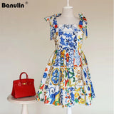 Znbbw 2023 HOT Summer Runway Boho Dress Women's Bow Spaghetti Strap Backless Blue and White Porcelain Floral Print Mini Dress 0410