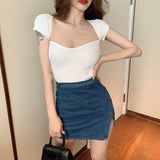 Znbbw Women V-neck Knitted Short Sleeve Draw String T-shirts Crop Tops Girls Knitting Stretchy Cropped Sheath Tee Shirts For Female