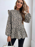Znbbw Leopard Print Fashion Spring 2023 Blouses Women Long Sleeve Top Keyhole Back Casual Ladies Shirts Elegant