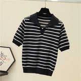 Znbbw Vintage Short Sleeve Knitted T-shirts Girls Basic Striped Stretchy V-neck TShirts Tops For Women