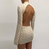 Znbbw Sexy Backless Knitted Sheath Dress Women Long Sleeve Turtleneck Bodycon Mini Dress Autumn Winter Casual Female Dress