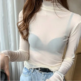 Znbbw M-3XL Girls Mesh Blouses Shirts Tees Female Autumn Transparent Full Sleeve Turtleneck Thin Blouse Tops Undershirts Women