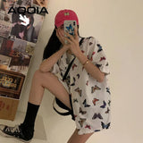 znbbw Vitage Short Sleeve Loose Women Blouse Shirt Y2K Butterfly Printing Button Up Pockets Womens Shirts 2023 Summer Felame Tops