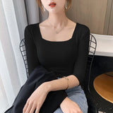 Znbbw Sleeve Square Collar Slim Cotton T-shirt Tee Girls Solid Summer Basic High Elasticity Tshirts Crop Tops For Women