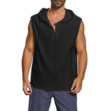 Znbbw New Baggy Hoodies Men's Cotton Linen Tank Top Solid Color Button Beach Sleeveless Hooded Vest Elastic Men Tank Top