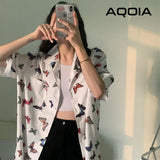 znbbw Vitage Short Sleeve Loose Women Blouse Shirt Y2K Butterfly Printing Button Up Pockets Womens Shirts 2023 Summer Felame Tops
